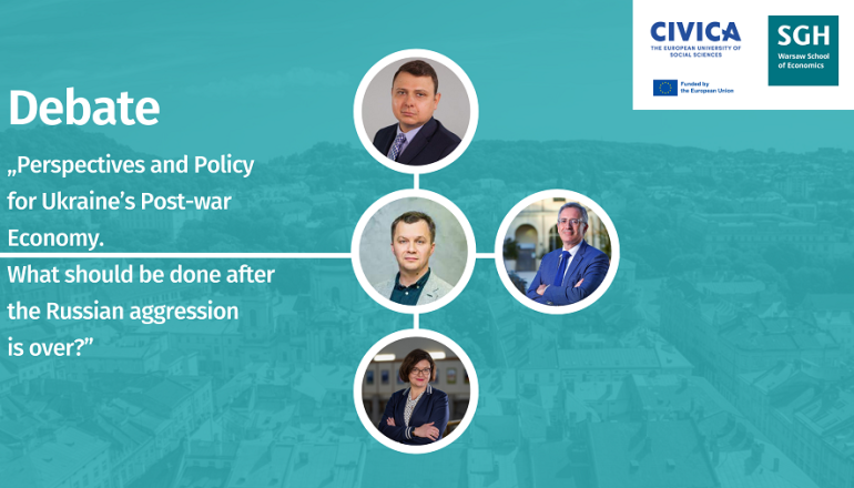 graphics: four pictures of experts and the title of the debate "Perspectives and Policy for Ukraine’s Post-war Economy. What should be done after the Russian aggression is over?” 