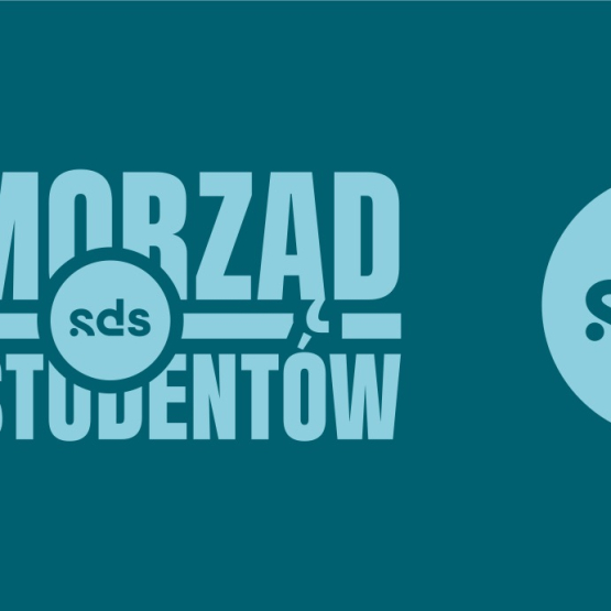 grafika na turkusowym tle błękitny napis Samorząd DLA Studentów